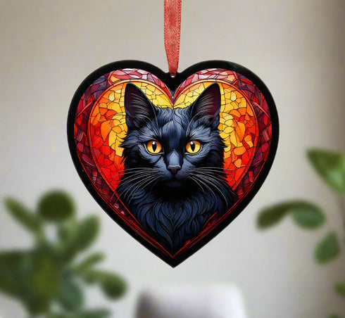 Black Cat Stained Glass Effect Heart Suncatcher